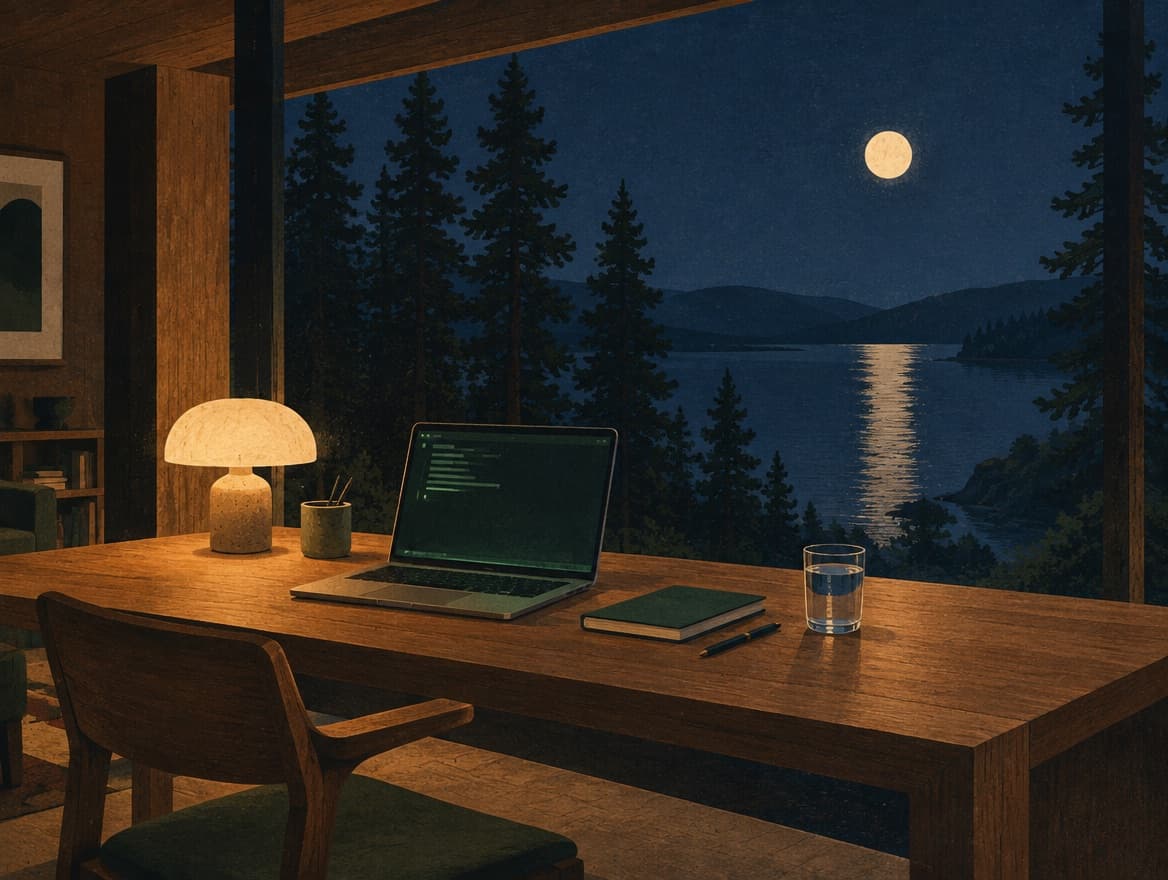 Illustration of a wooden desk at night with a laptop and a lamp, a moonlit lake outside